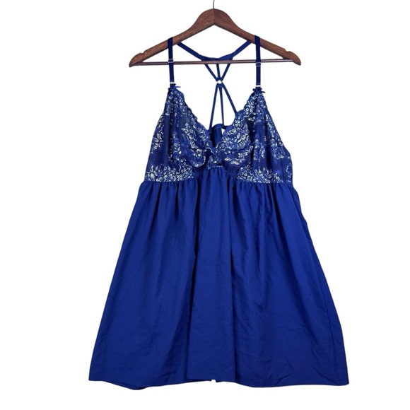 Cacique Midnight Blue Shimmer Embroidered Babydoll Sheer Chemise Size 22/24 - Picture 2 of 15